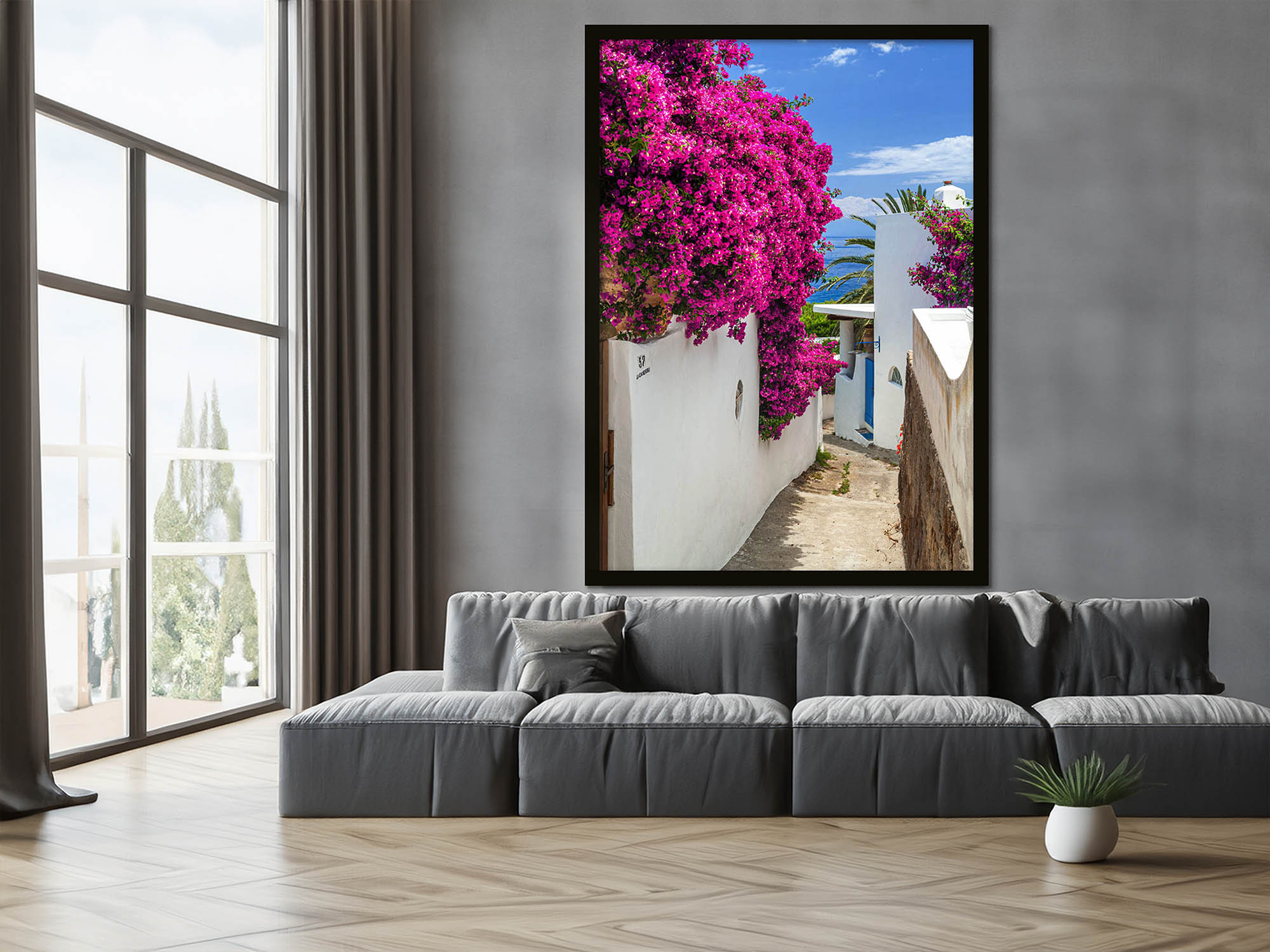 Alleyway with Bougainvillea, acrylic print in Hamburg frame, in an interior