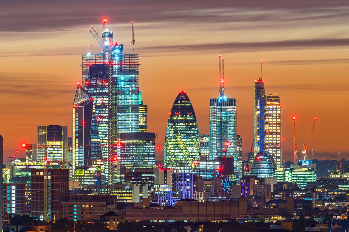 This is a photograph taken at sunset by Adam Butler of the London skyline, The City From Greenwich