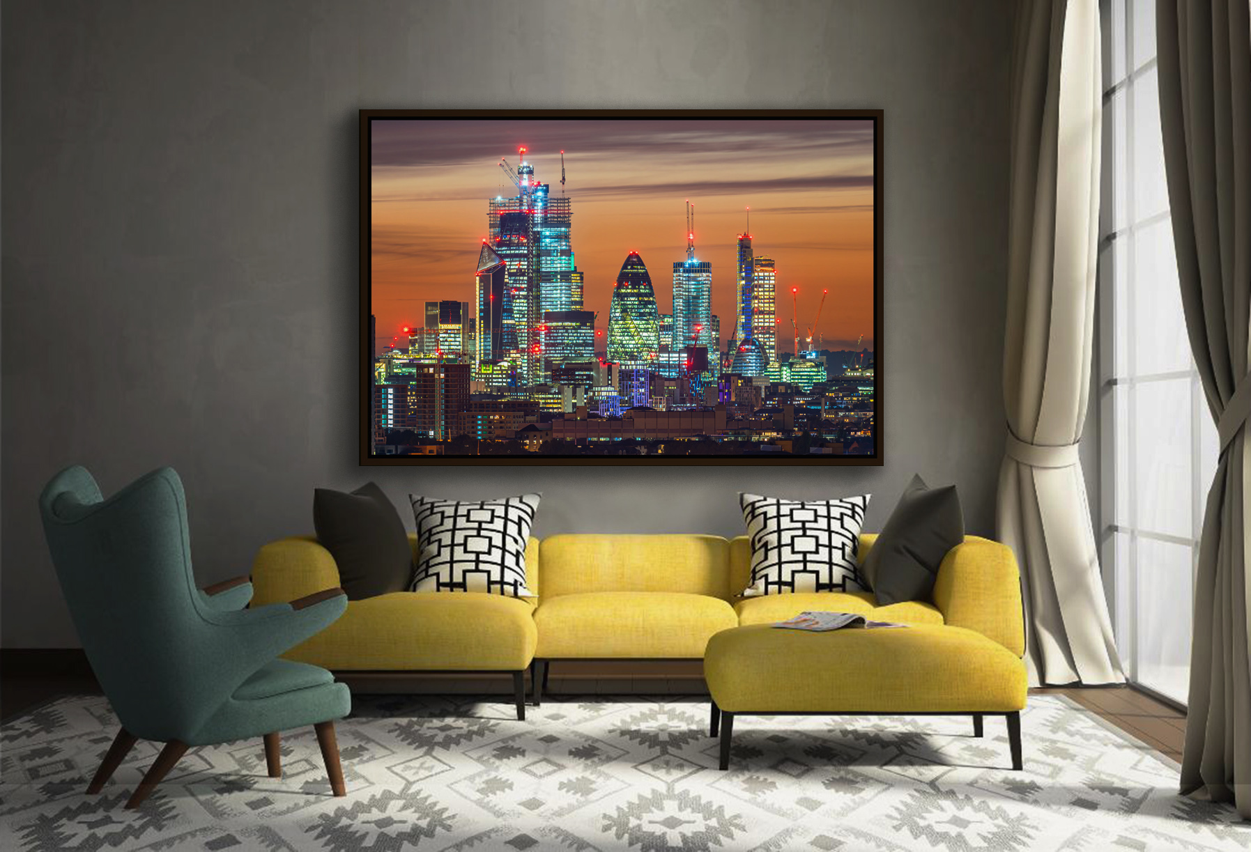 The City from Greenwich, framed acrylic glass print, in an interior